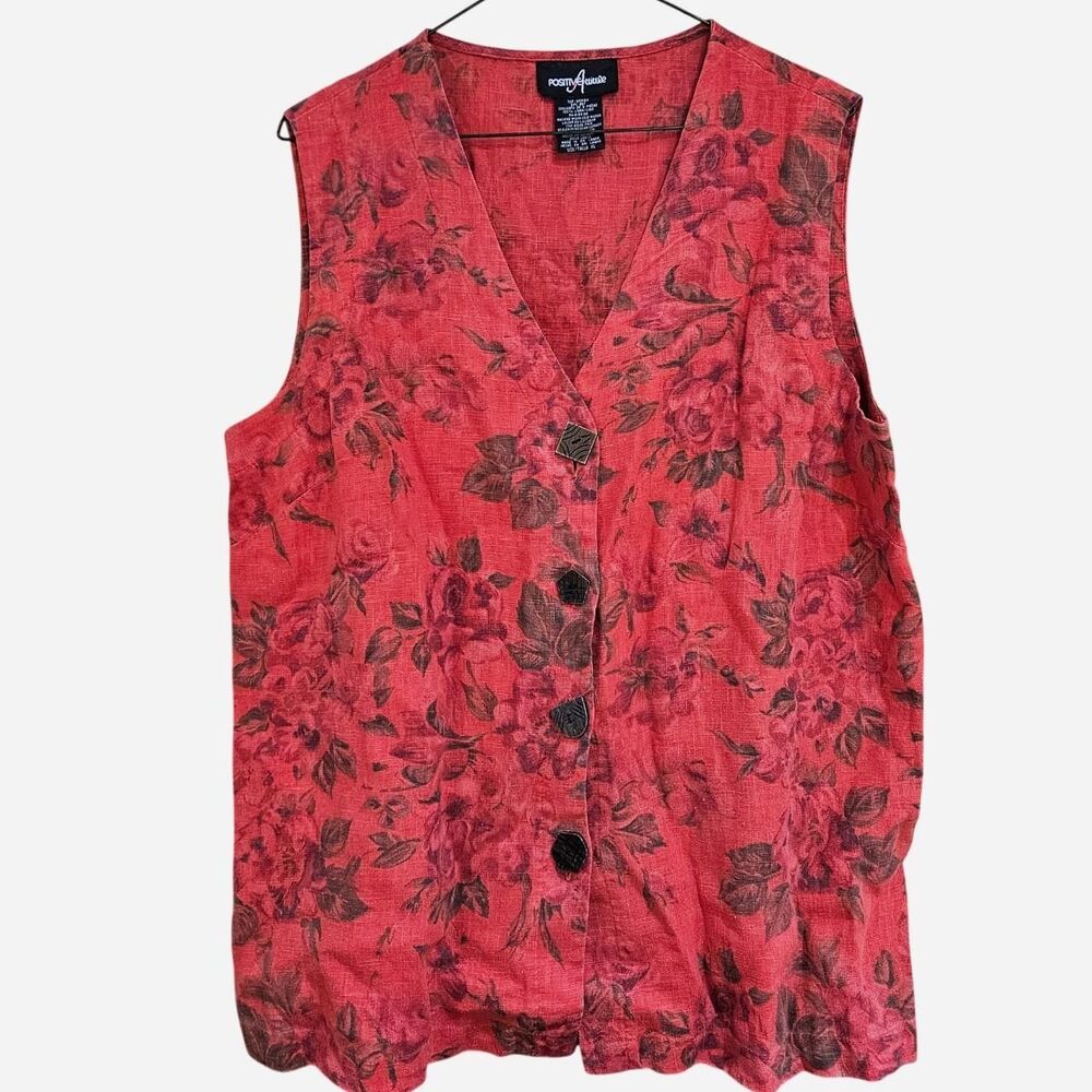 90s boho whimsigoth red floral linen button down top vest